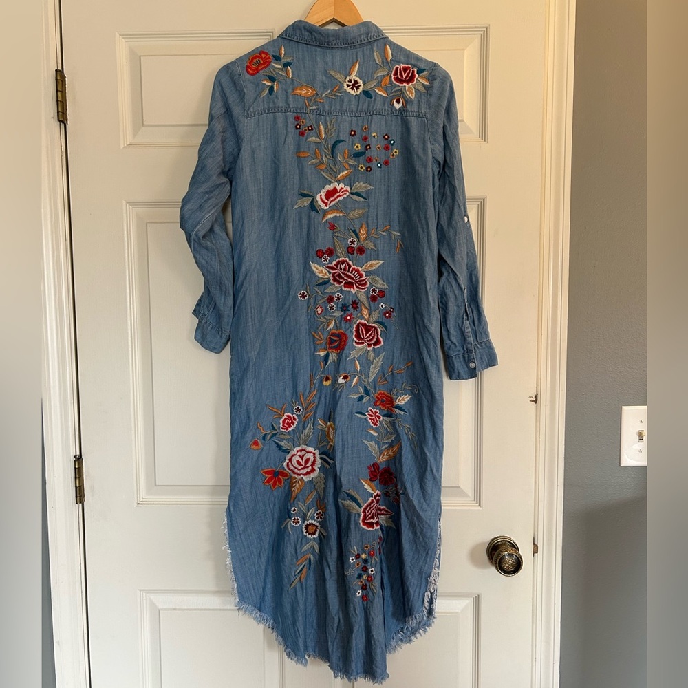 Kyla Sep Embroidered Denim Long Shirt Dress/Duster